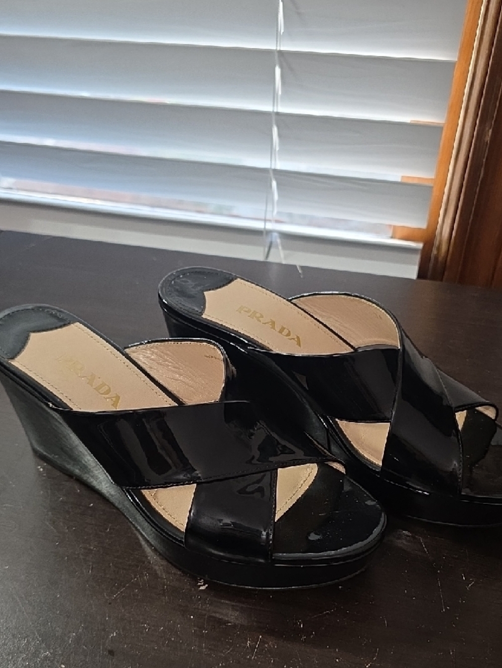 Prada Black Patent Leather Crisscross Mules - Picture 2 of 8